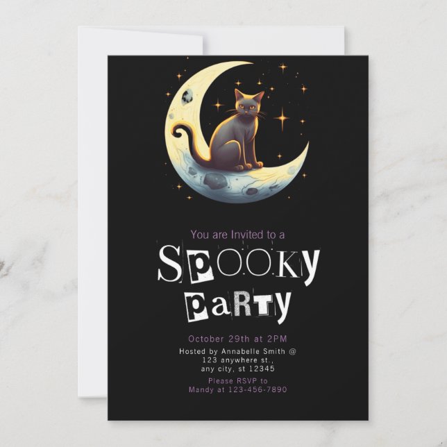Black Cat Moon Modern Minimalist Halloween Invitation (Front)