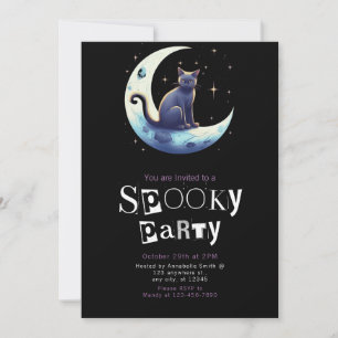Black Cat Moon Modern Minimalist Halloween Invitation