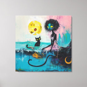 Black Cat Moon Ocean Pink Magical Witchy AI Art Canvas Print