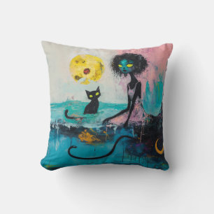Black Cat Moon Ocean Pink Magical Witchy AI Art Cushion