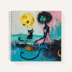 Black Cat Moon Ocean Pink Magical Witchy AI Art Notebook