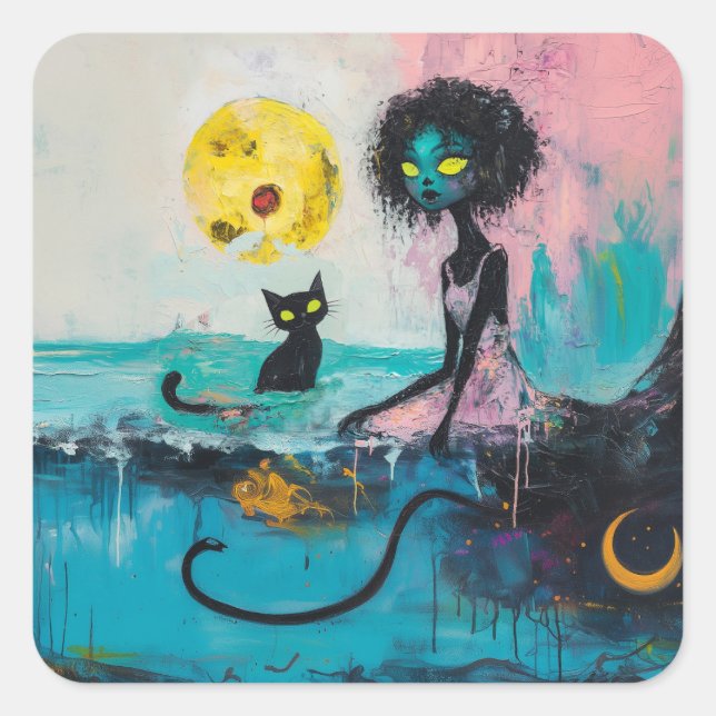 Black Cat Moon Ocean Pink Magical Witchy AI Art Square Sticker (Front)