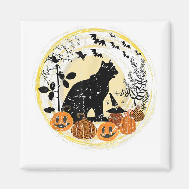 Black Cat Moon Pumpkin Witch Hat Halloween Bats Tr Magnet (Front)