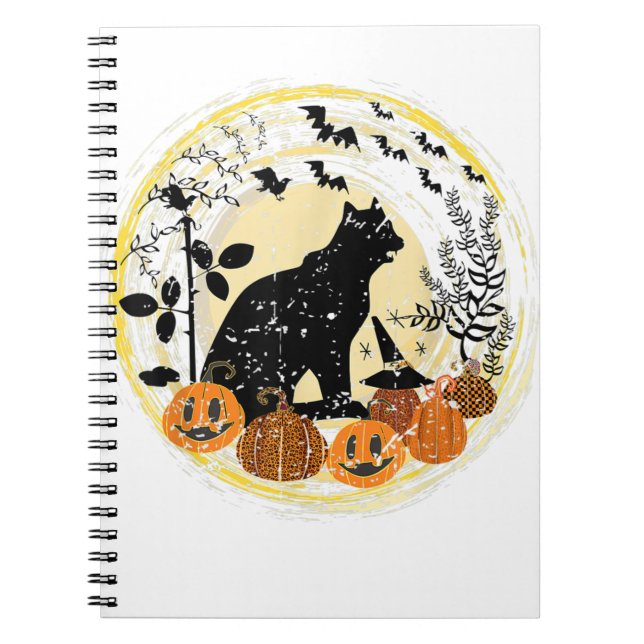 Black Cat Moon Pumpkin Witch Hat Halloween Bats Tr Notebook (Front)