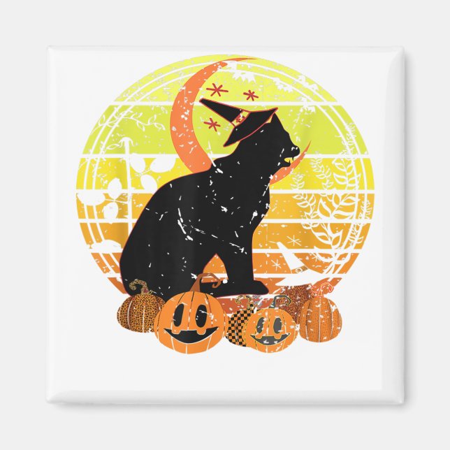 Black Cat Moon Pumpkin Witch Hat Halloween Scary V Magnet (Front)