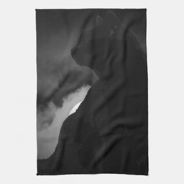 Black Cat Moonlight Silhouette Tea Towel (Vertical)
