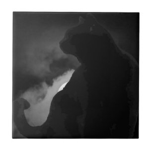Black Cat Moonlight Silhouette Tile