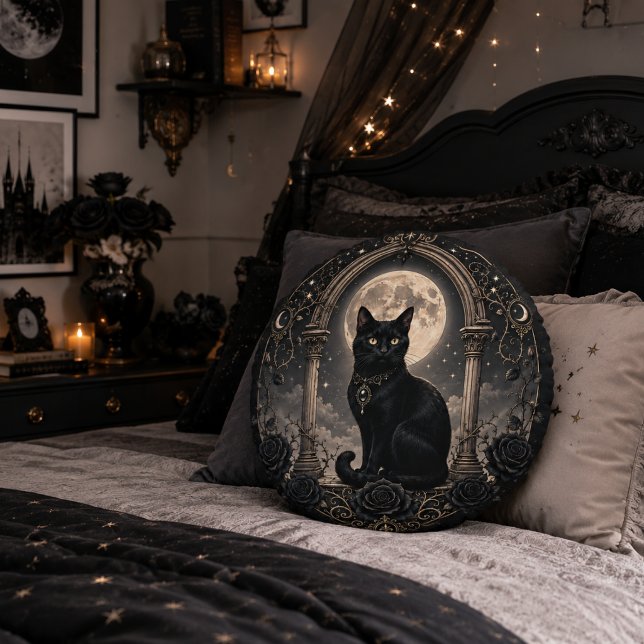 Black Cat Moonlit Gothic Celestial Dark Romance Round Cushion (Creator Uploaded)