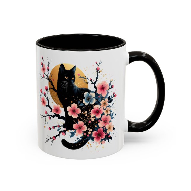 Black Cat Mug Cherry Blossom Floral Gift (Creator Uploaded)