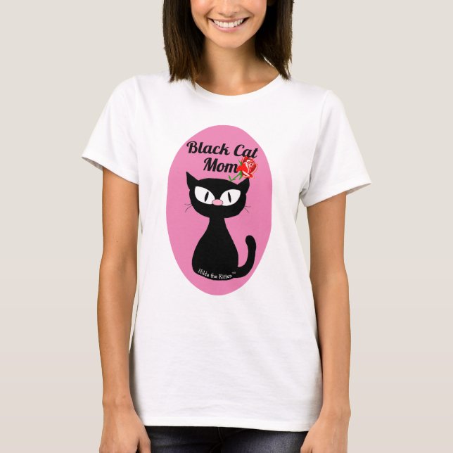 Black Cat Mum Cute Cartoon Black Cat with Red Rose T-Shirt (Front)