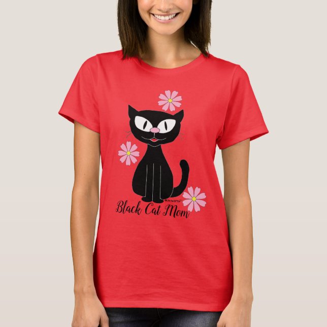 Black Cat Mum with Pretty Pink Flowers Cat Lover T-Shirt (Front)