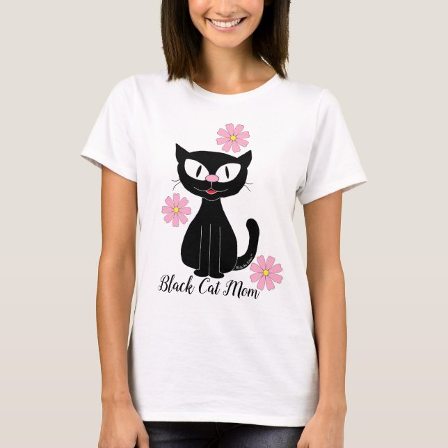 Black Cat Mum with Pretty Pink Flowers Cat Lover T-Shirt (Front)