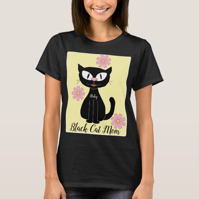 Black Cat Mum with Pretty Pink Flowers Cat Lover T-Shirt (Front)