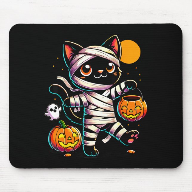 Black Cat Mummy Halloween Pumpkin Mouse Mat (Front)