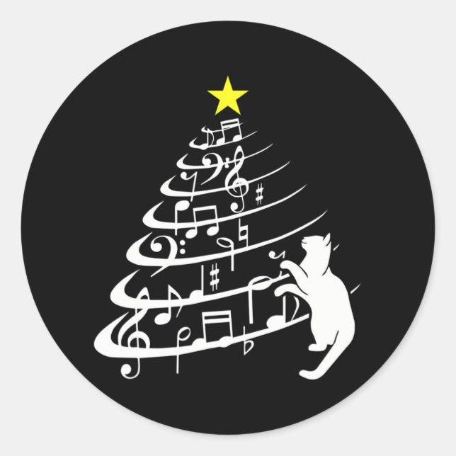 Black Cat Music Note Christmas Musician Feline Classic Round Sticker (Front)
