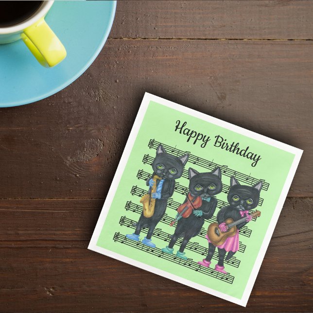 Black Cat Musicians Colourful Shoes Music Notes Napkin (Black Cats on music notes playing instruments on light green Birthday paper party napkins.)