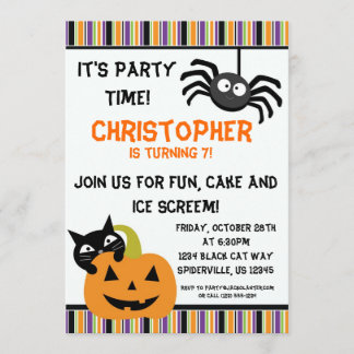 Black Cat n Spider Halloween Birthday Party Invite
