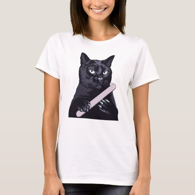 Black Cat Nail File Manicure Funny Sassy Illustrat T-Shirt (Front)