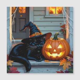 Black Cat Napping on Pumpkin Halloween 