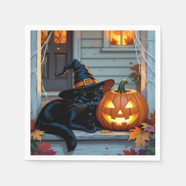 Black Cat Napping on Pumpkin Halloween  Napkin (Front)