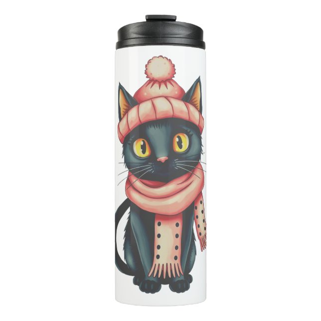 Black Cat, Nature, Cute Cat Thermal Tumbler (Front)