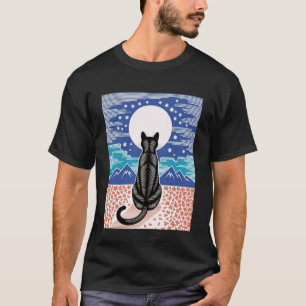 Black Cat Night Scene Cherry Blossom Moon Mountain T-Shirt