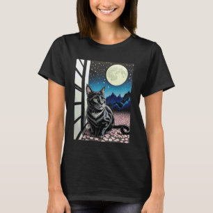 Black Cat Night Scene Cherry Blossom Moon Mountain T-Shirt