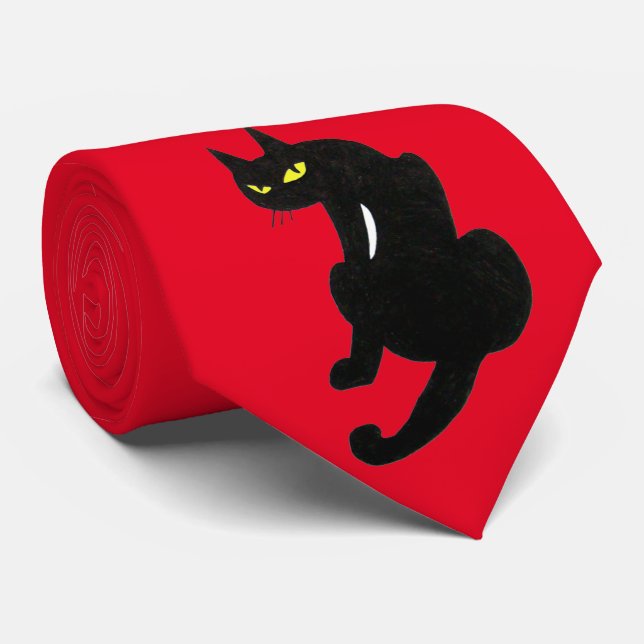  BLACK CAT NINJA  Black Red Drawing Tie (Rolled)