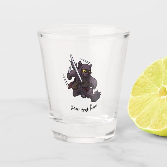 Black Cat Ninja Katana Swords Flying Kick Cartoon Shot Glass (Front)