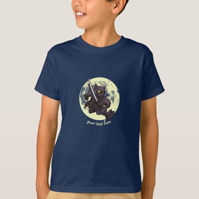 Black Cat Ninja Katana Swords Flying Kick Cartoon T-Shirt (Front)