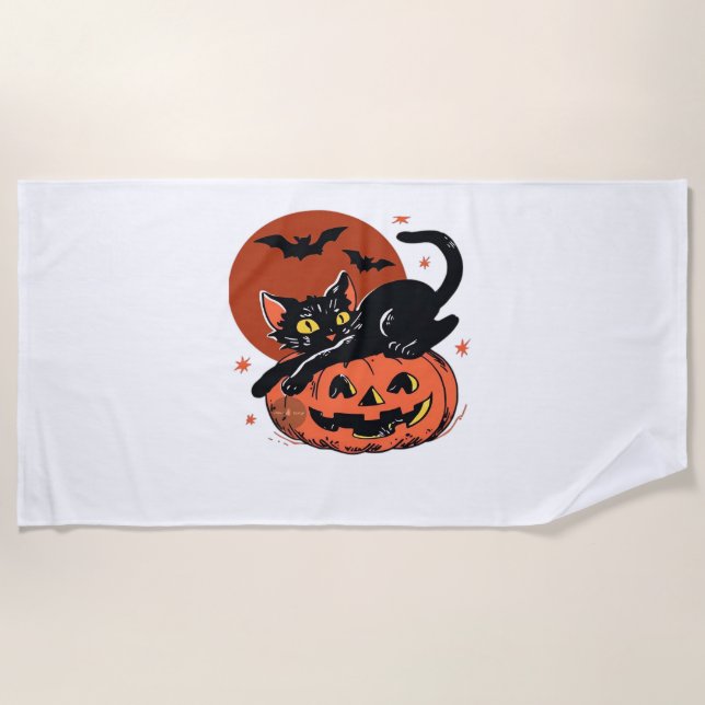 Black Cat, Nostalgic Halloween Classic T-Shirt Beach Towel (Front)