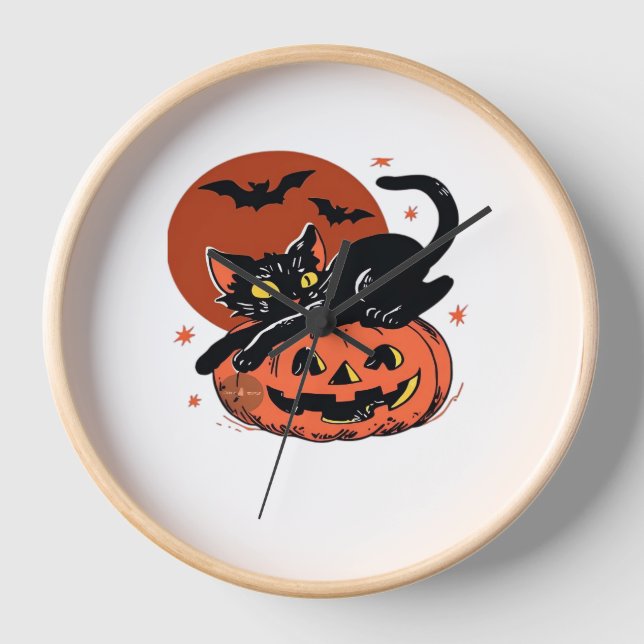 Black Cat, Nostalgic Halloween Classic T-Shirt Clock (Front)