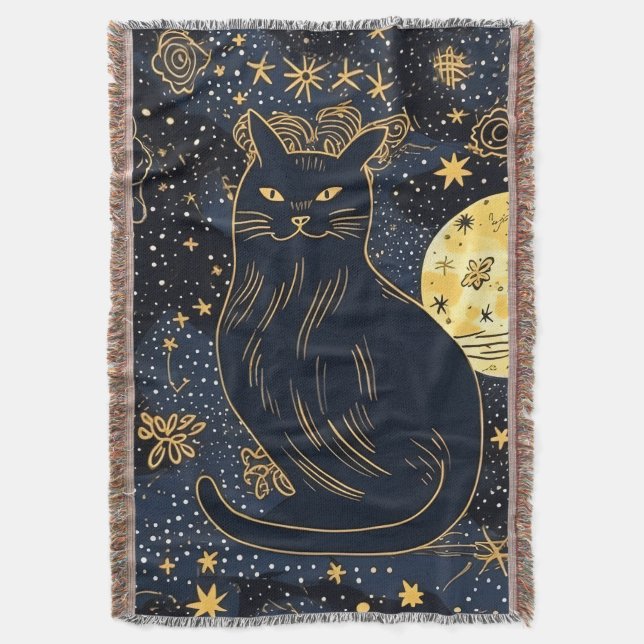 Black Cat of the Starry Skies Throw Blanket (Front Vertical)