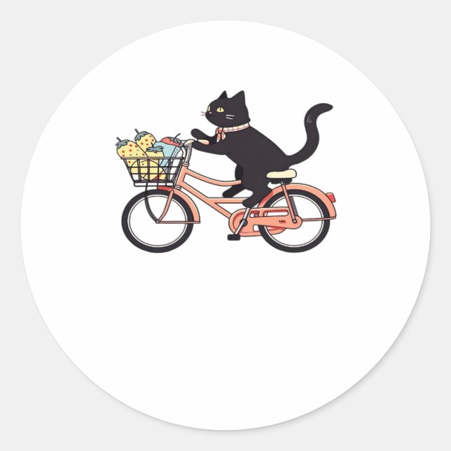 Black Cat on a Bicycle  Black Cat Art Classic T-Sh Classic Round Sticker (Front)