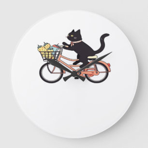Black Cat on a Bicycle Black Cat Art Classic T-Sh Large Clock