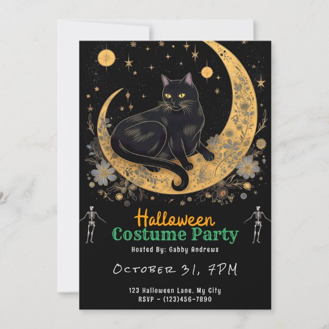 Black Cat on a Crescent Moon Black Halloween Invitation (Front)