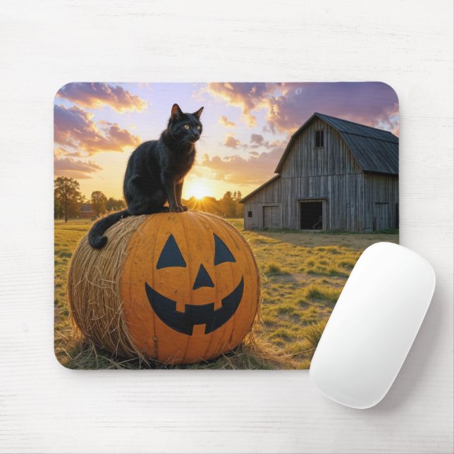 Black Cat On a Pumpkin Hay Bale Mouse Mat (With Mouse)