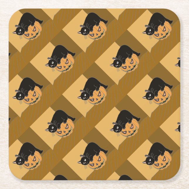 Black Cat on a Pumpkin Square Paper Coaster (Front)