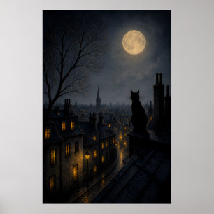 Black Cat on a Rooftop Above a Sleeping Town Poster