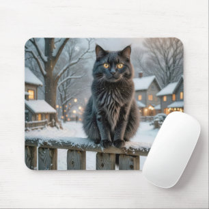 Black Cat On a Snowy Fence Mouse Mat