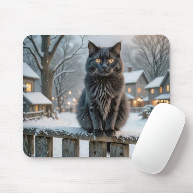 Black Cat On a Snowy Fence Mouse Mat (With Mouse)