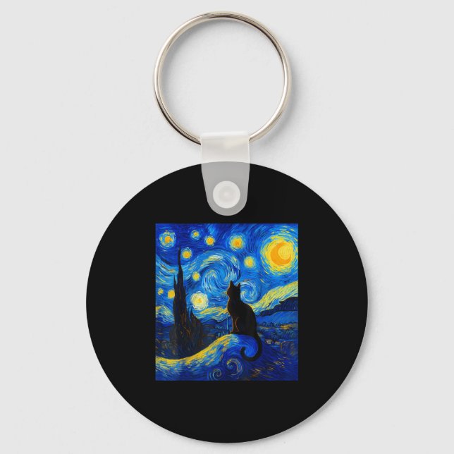 Black Cat On A Starry Night – Cat Lover Funny Van  Key Ring (Front)