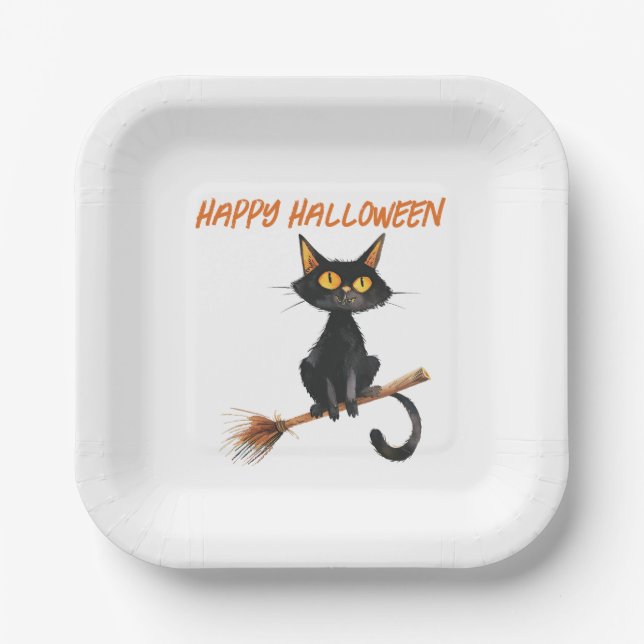 Black Cat on a Witch's Broom Happy Halloween Paper Plate (Front)