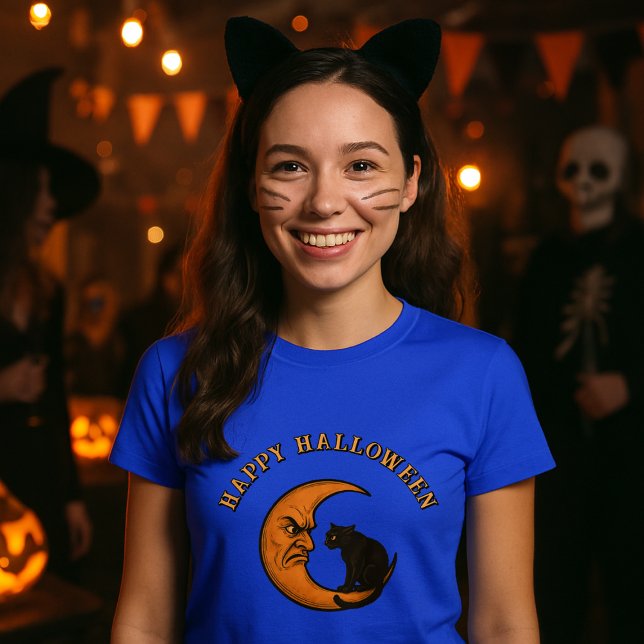 Black Cat on Angry Crescent Moon Halloween T-Shirt (Creator Uploaded)