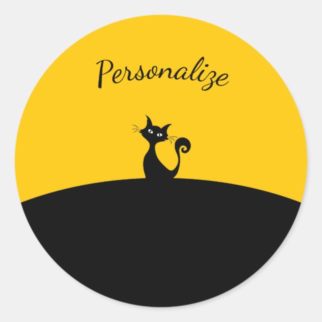 Black Cat on Black & Yellow Personalise Classic Round Sticker (Front)
