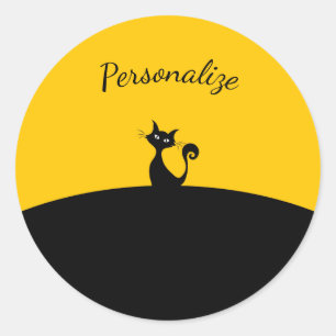 Black Cat on Black & Yellow Personalise Classic Round Sticker