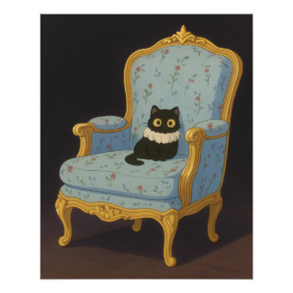 Black Cat on Blue Floral Armchair Photo Print