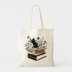 Black Cat on Book Funny Cat Tote Bag