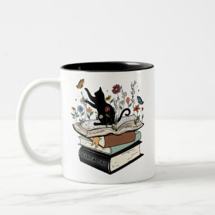 Black Cat on Book Funny Cat Two-Tone Coffee Mug