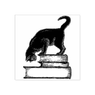 Black Cat on Books Rubber Stamp
